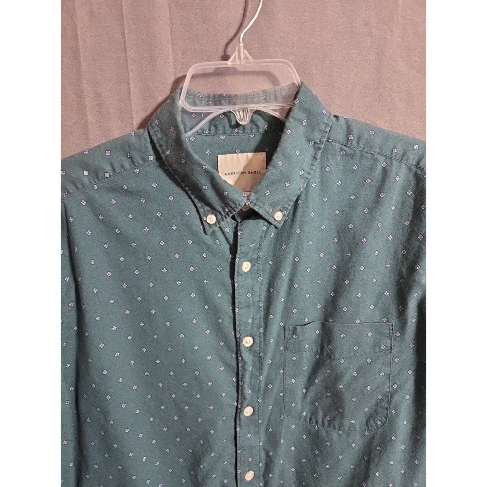 American Eagle L Classic Fit Green Geometric Long Sleeve Button Retro Preppy
